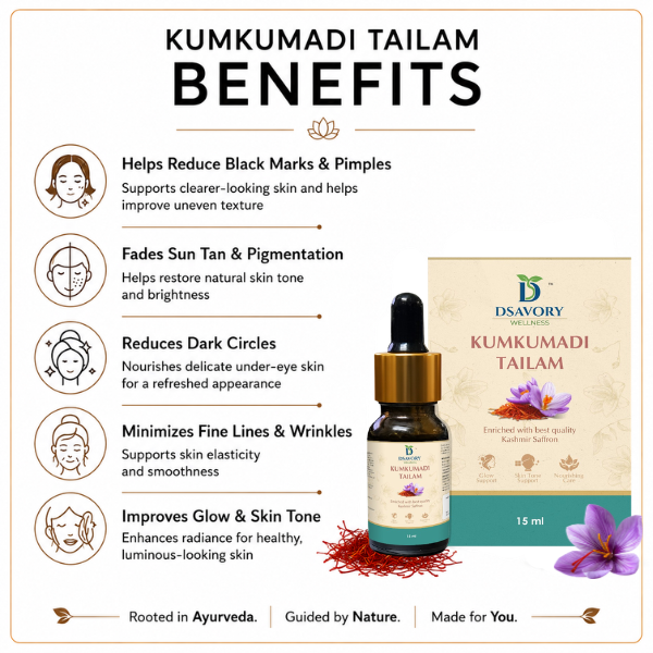 Kumkumadi Tailam -Kumkumadi Oil is An Ayurvedic Herbal Oil for Black Marks, Pimples, Sun Tans, Dark Circle and Wrinkles. Kukumadi Tail provides complete protection to the Skin and improves Glow and Skin Tones. It improves the Brightness of the Skin